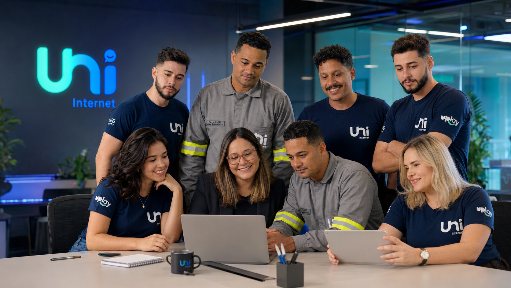 Equipe UNI reunida em ambiente corporativo
